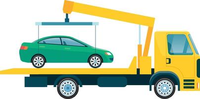 Tow truck lifting a green broken car onto a flatbed, utilizing a crane for efficient roadside assistance and transportation services in an urban setting vector