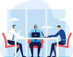 Office workers using laptops and discussing projects at meeting table, collaborating on business tasks, brainstorming ideas, and working together in modern office space vector