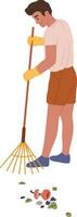 Young man wearing gloves and raking up trash in a park, fostering environmental awareness and encouraging community involvement in effective waste management practices vector
