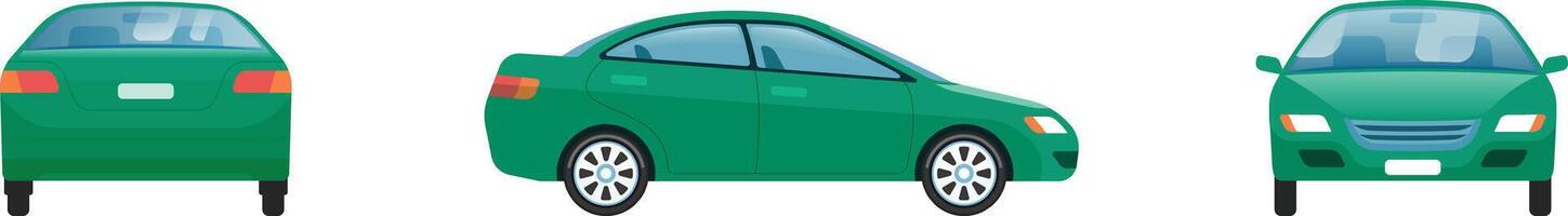 Green four door sedan car presenting front, side and rear view, showcasing its design and features for automotive and transportation concepts vector