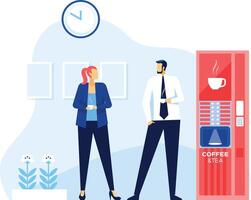 Office workers enjoying a coffee break, standing next to a vending machine, engaging in conversation and creating a positive workplace atmosphere vector