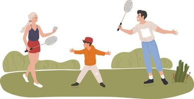 Family members enjoying a sunny day in the park, playing badminton together amidst lush greenery, creating joyful memories filled with laughter, exercise, and bonding vector