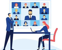 Business colleagues attending an online meeting via conference, using a laptop to connect with remote participants and discuss business matters vector