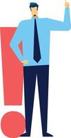 Businessman standing beside a large exclamation mark, pointing upward to emphasize critical information, conveying a sense of urgency, caution, and important solutions vector