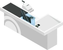 Checkout counter featuring cash register, monitor, conveyor belt, card reader and protective glass in isometric view, ideal for retail, shopping and commerce concepts vector
