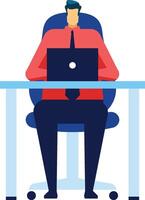 Office worker sitting at a desk, focused on working with a laptop, dressed in a red shirt and blue tie, depicted in a modern flat design illustration vector