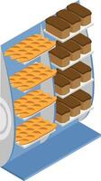 Isometric view of a display stand showing shelves full of freshly baked loaves of bread and cakes, representing a bakery, food market, or grocery store vector