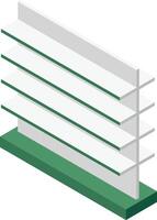 Isometric view of an empty supermarket shelf with green trim, ready to be stocked with various products, providing an organized display for customers in a retail environment vector