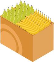 Ripe yellow bananas and green pears are neatly arranged in a wooden display box, ready for customers to purchase at a grocery store or market vector