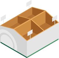 Four compartment empty product display box featuring blank price tags, perfect for showcasing retail merchandise in an isometric view, enhancing visual merchandising and branding efforts vector