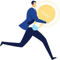 Businessman running swiftly while holding a large light bulb, symbolizing new ideas, innovation, and inspiration in the business world, representing solutions and creativity for success vector