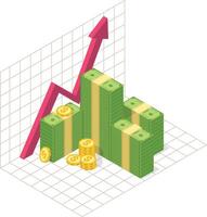Stacks of banknotes and coins accompanied by a rising red arrow, representing increasing profits, financial success, and robust economic growth in today's market vector