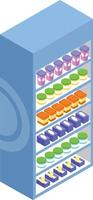 Well stocked supermarket shelf presents various food products, neatly arranged and ready for purchase, creating a visually appealing display in isometric perspective vector