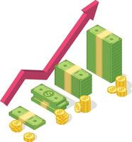Stacks of banknotes and coins are increasing in size, accompanied by a rising red arrow, representing positive financial growth, successful investment, and increasing profits vector