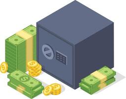 Bundles of dollar banknotes and stacks of golden coins are surrounding a closed steel safe with a digital keypad, suggesting security, savings, and financial safety vector