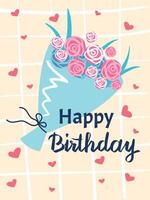Cheerful happy birthday greeting card features a bouquet of pink and white roses wrapped in light blue paper, adorned with hearts on a grid background, creating a festive and romantic atmosphere vector