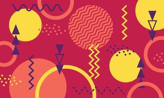 Vibrant geometric shapes and patterns creating a dynamic memphis design background, featuring circles, triangles, zigzags, and dotted textures in a retro inspired color palette vector