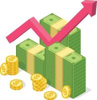 Stacks of green banknotes and gold coins forming an ascending graph with an upward arrow, representing financial growth, investment success, and increasing profits vector