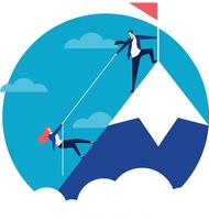 Businessman extending helping hand to businesswoman, pulling her up mountain with rope, symbolizing teamwork, support, and achieving success together vector