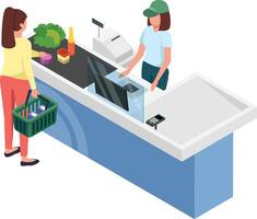 Supermarket cashier scanning groceries at the checkout counter while a customer holds a shopping basket filled with fresh products, captured from an isometric perspective vector