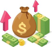 Large money bag with a dollar sign sits amidst stacks of dollar bills and upward pointing arrows, symbolizing increasing profits, financial growth, and investment success vector