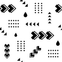 Seamless pattern showcasing dynamic arrows, triangles, and dotted squares creating a visually engaging design with a bold black and white contrast vector
