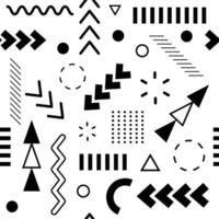 Seamless geometric pattern repeating abstract shapes such as triangles, circles, squares, lines, and dots, creating a modern and dynamic design on a white background vector