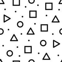 Seamless geometric pattern showcasing triangles, squares, circles, and small dots creates a simple yet dynamic design, suitable for various backgrounds and decorative purposes vector
