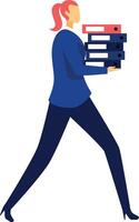 Businesswoman with red hair and blue suit walking and carrying a stack of office folders, representing a busy professional managing paperwork and administrative tasks vector