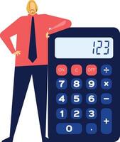 Accountant leaning on a large calculator while calculating budgets and conducting financial analysis, illustrating key concepts in accounting and finance vector