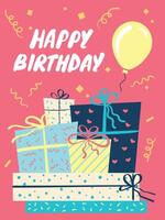 Colorful greeting card celebrating a happy birthday with a pile of wrapped gifts decorated with ribbons and bows and a floating balloon on a vibrant pink background with confetti and streamers vector