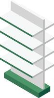 Isometric view of an empty white supermarket shelf with green trim, ready for displaying products in a grocery store aisle, offering a clean and organized presentation for retail vector