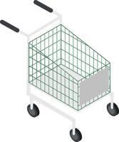 Isometric view featuring an empty shopping cart with a green metal basket, black handles, and wheels, poised for an upcoming grocery shopping experience vector
