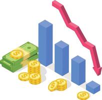 Isometric bar graph is decreasing, showing financial crisis with stack of dollar banknotes and coins, demonstrating economic downturn and financial instability vector