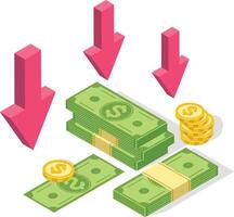 Red arrows pointing downward at dollar banknotes and coins illustrate decreasing value, highlighting themes of devaluation, financial crisis, and economic downturn vector
