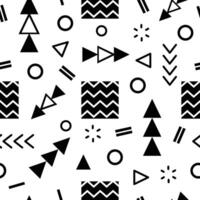 Seamless pattern features black and white geometric shapes including triangles, circles, squares, and arrows, creating a dynamic and visually engaging composition vector