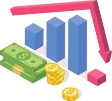 Isometric bar graph with decreasing trend shows negative financial results with dollar bills and coins, representing economic downturn and financial crisis vector