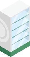 Empty glass display case with multiple shelves and a green base is presented in an isometric view. Offering a versatile storage and presentation solution for various retail or exhibition settings vector