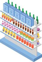 Well organized supermarket shelf displaying a variety of products, including packaged goods, beverages, and cosmetics, in an isometric perspective highlighting item arrangement vector