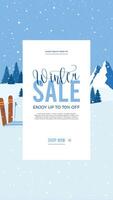 Vertical Christmas social media stories template.Background for Happy New Year shopping sale.Banners illustrations with falling snowflakes.Special offer text on ribbon.Event invitation,ad. vector