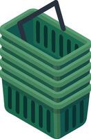 Five empty green shopping baskets stacked together, ready for eager shoppers to fill with groceries, creating an inviting scene for a bustling shopping day vector