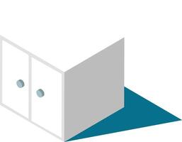 Minimalist isometric illustration featuring a white cabinet with closed doors, casting a distinct shadow on a teal floor, representing modern interior design or storage solutions vector