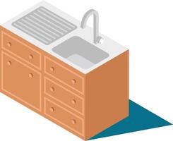 Modern kitchen sink cabinet featuring a built in drying rack, faucet, and multiple drawers is presented in an isometric view, providing a comprehensive perspective of its design and functionality vector