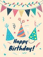 Three vibrant party hats take center stage against a backdrop of festive bunting, twinkling lights, and confetti, creating a cheerful happy birthday greeting vector