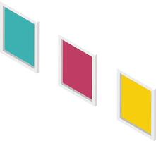 Three colorful square frames hanging on a white wall, forming a vibrant and modern art display in isometric perspective, enhance the interior with a contemporary touch vector