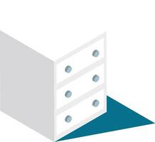 Minimalist white chest of drawers with light blue knobs casting a teal shadow on a blue floor, creating a simple yet stylish isometric composition vector