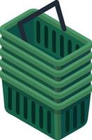 Stacking vibrant green empty shopping baskets with handles positioned upward in isometric view, representing concepts of retail, consumerism, and purchasing in modern commerce vector