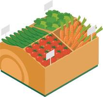 Isometric view of a wooden market stall filled with fresh, ripe vegetables like carrots, tomatoes, cucumbers, and lettuce, featuring blank price tags in a grocery store setting vector