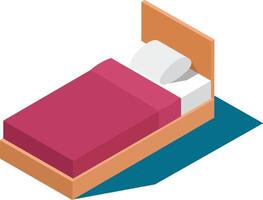 Comfortable single bed with pink blanket and white pillow is placed on blue carpet in isometric view, perfect for interior design, architecture, and home decor projects vector