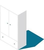 Isometric projection of a white wooden wardrobe casting a shadow on a blue floor, featuring two doors and two drawers, perfect for interior design and furniture concepts vector
